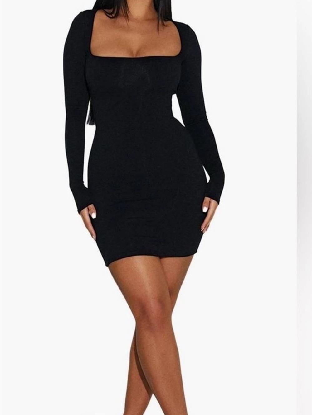 naked wardrobe White Long Sleeve Square Neck Bodycon Dress